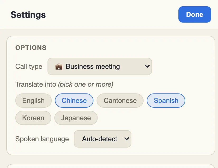 The Settings page, with Chinese and Spanish chosen as the languages to translate into