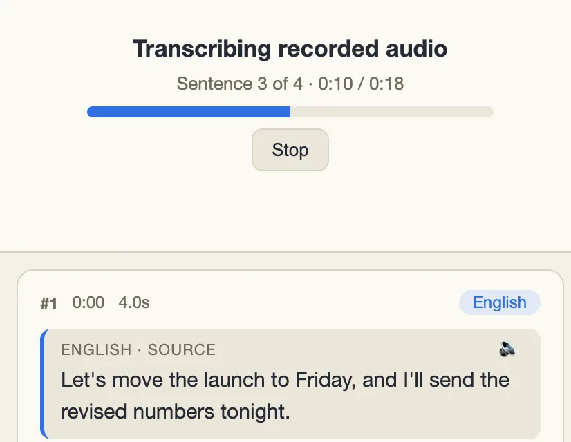 A recording being transcribed: a progress bar, then each sentence with its time and its translations